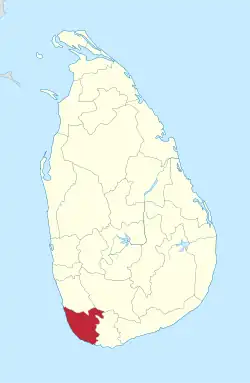 Area map of Galle District, converging inwards from the south west coast, in the Southern Province of Sri Lanka