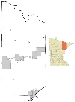 Location of the city of Ely within Saint Louis County, Minnesota