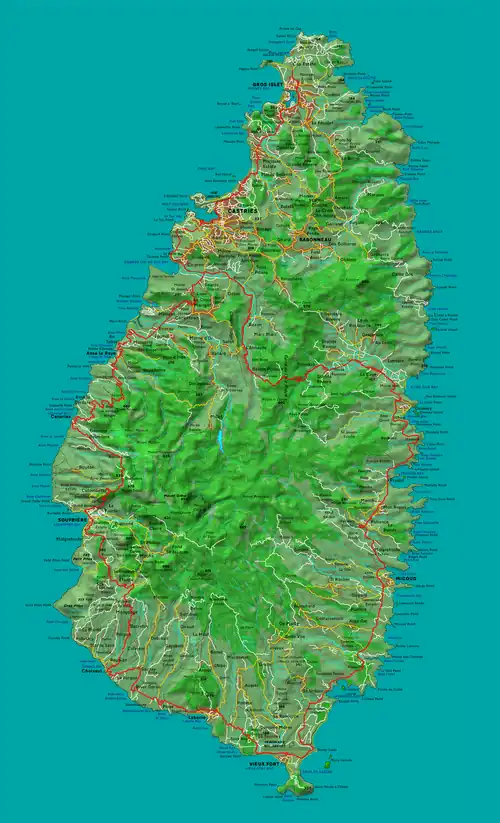 Detailed map of St Lucia showing location of Canaries