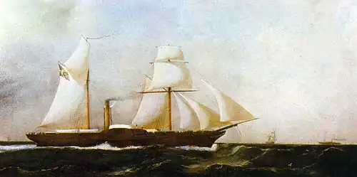 Painting depicting a two-masted, side-wheel steamer in full sail plowing through choppy seas with other ships in the distance