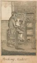 Engraving of a stocking weaver sitting at a loom