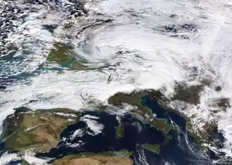 This image shows European windstorm/winter storm David/Friederike on 18 January 2018, approximately centred above the Benelux or Western Germany