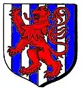 Paly of eight, argent and azure, a lion rampant gules