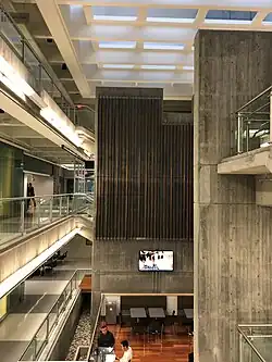 The interior atrium, which spans all three floors.