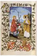 St. Odile depicted with St Christopher. Illumination from the Book of Hours of Christopher I, Margrave of Baden-Baden, c. 1519.