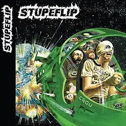 Drawing of Stupeflip blasting off from earth in a green ship