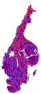 Cartogram of vote with each municipality rescaled in proportion to number of valid votes cast. Deeper blue represents a relative majority for the centre-right coalition, brighter red represents a relative majority for the left-wing coalition.