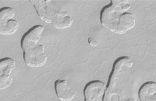 Close-up of Swiss cheese terrain, as seen by Mars Global Surveyor