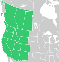 Symphyotrichum eatonii distribution shaded green: Canada — Alberta, British Columbia, and Saskatchewan; US — Arizona, California, Colorado, Idaho, Montana, Nevada, New Mexico, Oregon, Utah, Washington, and Wyoming.