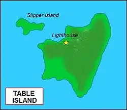 Map of Table Island in the middle and Slipper Island to the northwest