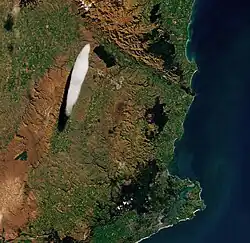 Satellite photo of elongated lenticular cloud over inland Otago