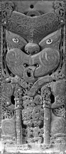 Image 24A Māori ancestor (tekoteko) depicted in a wood carving at the Tamatekapua Meeting House in Ohinemutu (c. 1880) (from Culture of New Zealand)