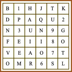 The scattered letters of "tangiers" surrounded by random numbers and letters, in a grid pattern.