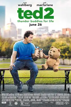 At a park, Mark Wahlberg (as John Bennett) toasts to a Teddy Bear (Ted), who are sitting in a bench together while holding beer cans (seen covered in a brown bag).