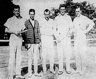 (Second from right.) The doubles finalists and tour­na­ment chairman are on a court in Yonkers, 1926.