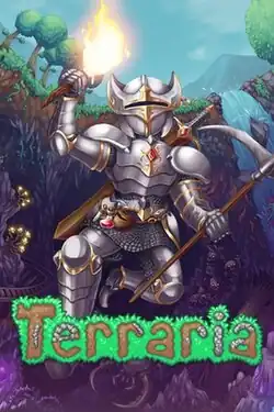 A silver armored character with a torch and pickaxe, with the Terraria logo below the character