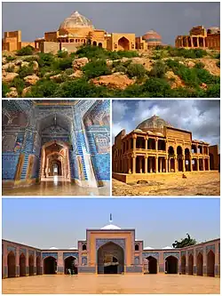 Clockwise from top: View of the Makli Necropolis, Tomb of Isa Khan Hussain at the necropolis, exterior and interior views of the Shah Jahan Mosque