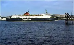 Antrim Princess Sealink ferry underway in Larne with Sealink lettering