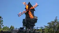 The Burning Blade Tavern windmill on fire.