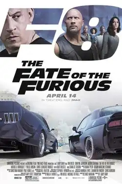 The top half of the poster includes the film's characters inside the "F8" logo, while the bottom half shows the backs of two sports cars on a road.