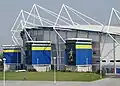 The stadium's exterior decorated in the City Council's colours