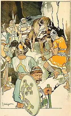 "The binding of Fenrir," illustration from Hamilton Wright Mabie, Norse Stories Retold from the Eddas (1908).