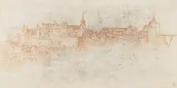 Drawing of the Château d'Amboise (c.&nbsp;1518) attributed to Francesco Melzi, a friend who was with Leonardo da Vinci at the end of his life