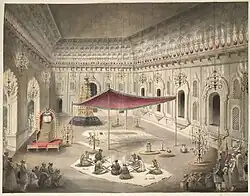 The simple grave of Asaf ud-Daula under a canopy inside the imambara; a watercolor by Seeta Ram, c. 1814–15