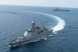 HTMS Bhumibol Adulyadej (FFG-471) sail in formation with three other ships during U.S.-Thai joint naval exercise Guardian Sea 2019