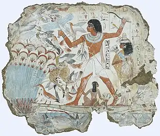 Nebamun Hunting in the Marshes; c. 1380&nbsp;BC; paint on plaster; 98 × 83&nbsp;cm; British Museum (London)[20]