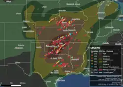 A regional map showing the combined severe weather outlook, confirmed tornadoes, and tornado warnings issued between April 26–28, 2024