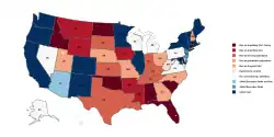Map of US state laws regarding trans healthcare access for youth as of March&nbsp;8, 2025[update] based on data from Movement Advancement Project[117]