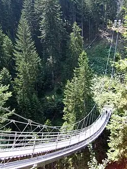 A light-colored pedestrian suspension bridge located in mountainous area with many trees; one person is almost finished crossing the bridge