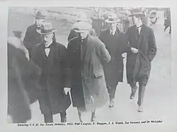 Entering UCD for the Treaty Debates, 1922. Phil Cosgrave, E. Duggan, J.J. Walsh, Joe Sweeney, and McGinley.
