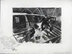 Line drawing from 1945 of Tunna fighting the wagon fire