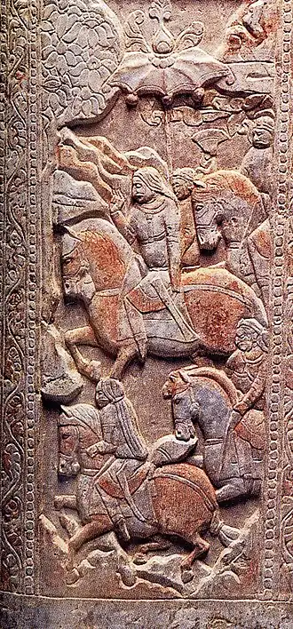Turkic horsemen with long hair on the tomb of a Sogdian trader, the Miho funerary couch. Circa 570 CE. Northern Dynasties, China.[45][26]