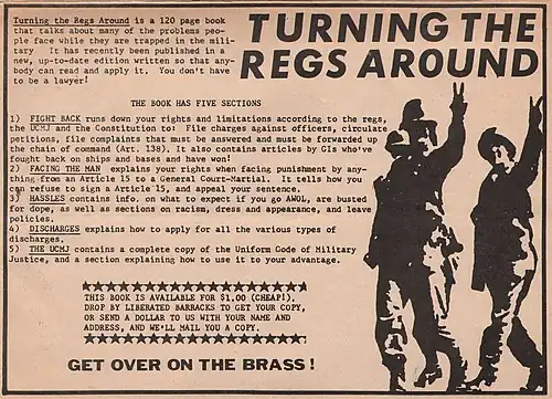 Advertisement in Liberated Barracks for Turning the Regs Around, a pamphlet produced by the Pacific Counseling Service