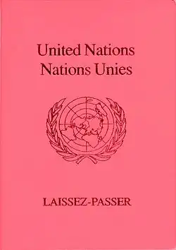 The front cover of a red machine-readable United Nations diplomatic laissez-passer