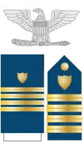 The eagle, shoulder boards, and dress blue sleeve stripes of a U.S. Coast Guard captain
