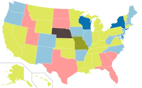 Partisan control of state governments after the 2008 elections: &nbsp;&nbsp;Democrats maintained trifecta &nbsp;&nbsp;Democrats gained trifecta &nbsp;&nbsp;Republicans maintained trifecta &nbsp;&nbsp;Divided government maintained &nbsp;&nbsp;Divided government established &nbsp;&nbsp;Officially non-partisan legislature
