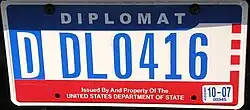 Old U.S. diplomatic license plate with surface-printed serial