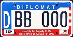 Old U.S. diplomatic license plate of the style issued until 2007