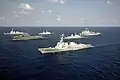 RSS Stalwart, RSS&nbsp;Intrepid and RSS&nbsp;Endeavour manoeuvre in formation with USS&nbsp;Harpers Ferry, USS&nbsp;Chafee and USS&nbsp;Chung-Hoon during Cooperation Afloat Readiness and Training (CARAT) 2009.