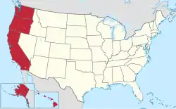 Location of&nbsp;the West Coast&nbsp;(red) in the United States&nbsp;(tan) as defined by the Census Bureau