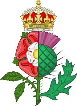 The Tudor rose dimidiated with the Scottish thistle, James used the device as a royal heraldic badge.