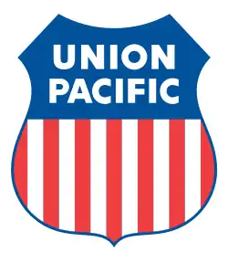 Shield of red, white, and blue with Union Pacific text