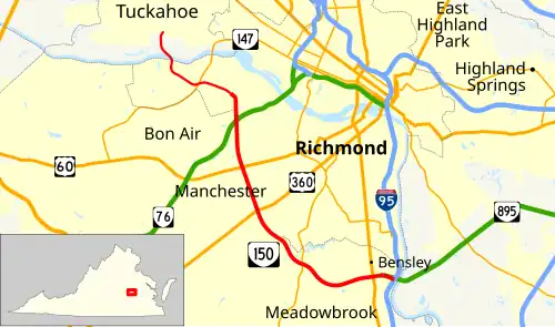 Bon Air is located directly west of Downtown Richmond outside the city limits defined by the Chippenham Parkway on the south side of the James River.
