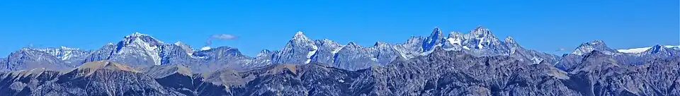View of Ottertail Range from west with Vaux (left), Chancellor Peak (center), Mount Goodsir (right)