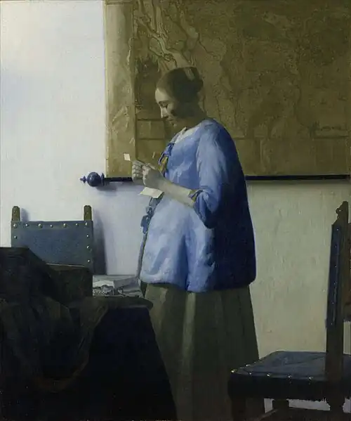 Image 10 Woman Reading a Letter Painting: Johannes Vermeer Woman Reading a Letter is an oil-on-canvas painting by the Dutch painter Johannes Vermeer, produced in around 1663. The central element of the painting is a woman in blue standing in front of an unseen window, reading a letter. The woman appears to be pregnant, although as pregnancy was rarely depicted in art during this period, some scholars have argued that the woman's rounded figure is simply a result of the fashions of the day. While the contents of the letter are not depicted, the composition of the painting is revealing. The map of the Netherlands on the wall behind the woman has been interpreted as suggesting that the letter she reads was written by a traveling husband. Alternatively, the box of pearls barely visible on the table before the woman might suggest a lover, as pearls are sometimes a symbol of vanity. The painting is unique among Vermeer's interiors in that no fragment of corner, floor or ceiling can be seen. Part of the collection of the city of Amsterdam as part of the Van der Hoop bequest, it has been in the Rijksmuseum since its inception. More selected pictures