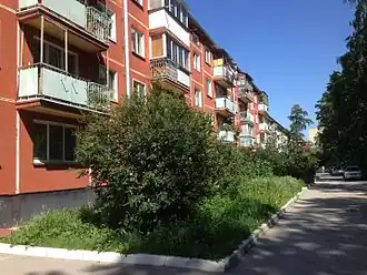 Building 1-464 in Novosibirsk. On the left—original lattice-sheet balcony railings with flower boxes